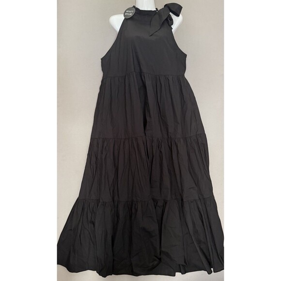 WYATT WYLDE Maxi Dress Large L Black Womens Helena Tie Neck Pockets Cotton New - Picture 3 of 13